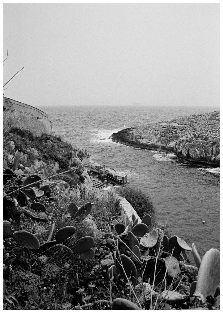 A black and white photo of the coast.
