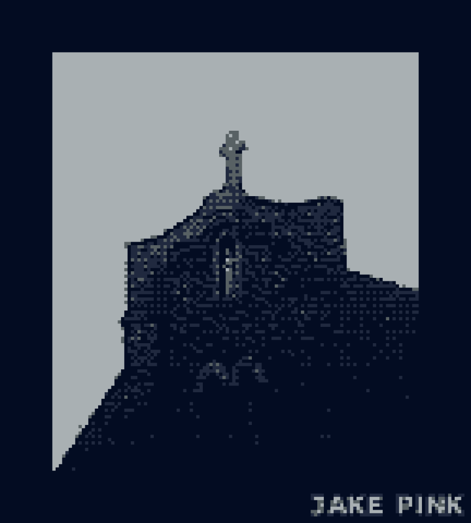 A pixelated image of a church steeple.